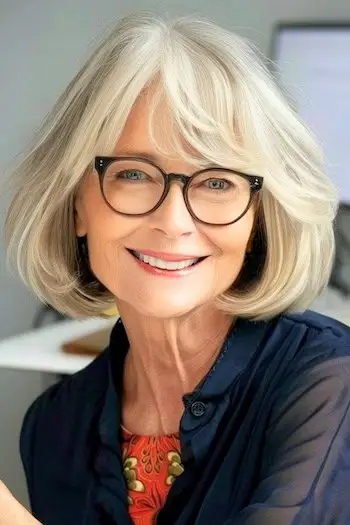 Objemný zaoblený účes Bob s ofinou na usmívající se starší ženě.