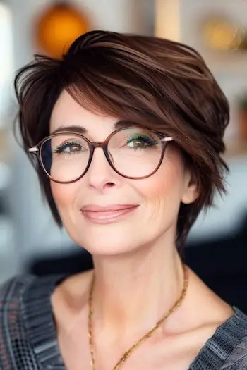 Pixie Bob krátký účes pro ženy nad 60 let s brýlemi.