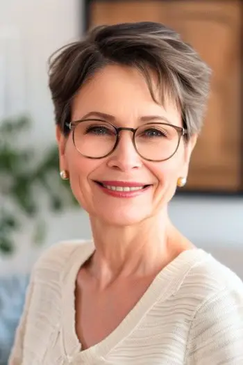 Pixie se strukturovanými vrstvami Krátký účes pro ženy po šedesátce, které nosí brýle.