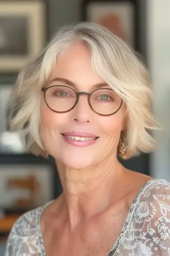 Krátký účes s měkkými vlnami v délce čelisti pro ženy nad 60 let s brýlemi.