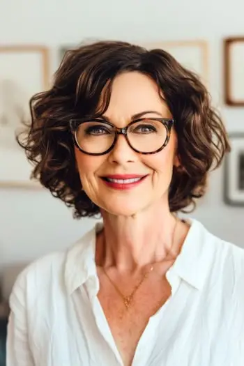 Oříznutý krátký účes s vlnitými vrstvami na usměvavé ženě nad 60 let.