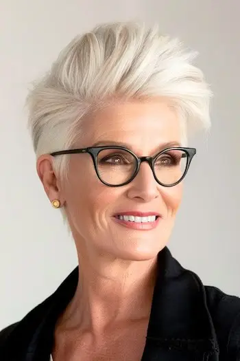 Široký objemný krátký účes pro ženy nad 60 let s brýlemi.