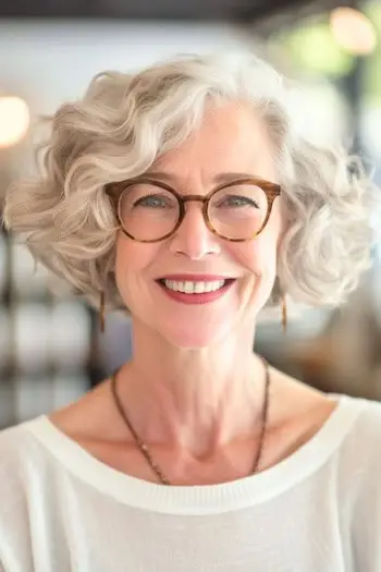 Volné kadeře s boční částí krátký účes pro ženy starší 60 let s brýlemi.