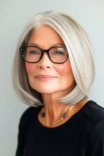 Bob se střední částí krátký účes pro ženy nad 60 let s brýlemi.