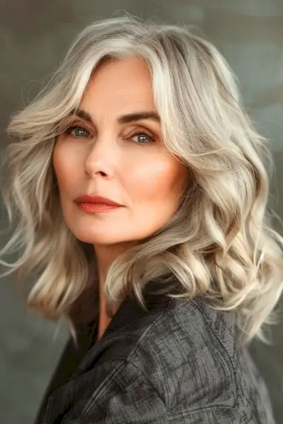 カーテン前髪のあるシルバーのウェーブ、40歳以上の女性のためのミディアムレングスのヘアスタイル。