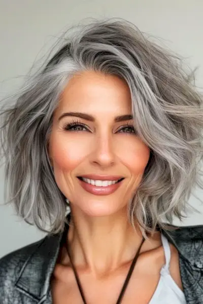 40歳以上の女性のためのピース状のグレーのウェーブのミディアムレングスのヘアスタイル。