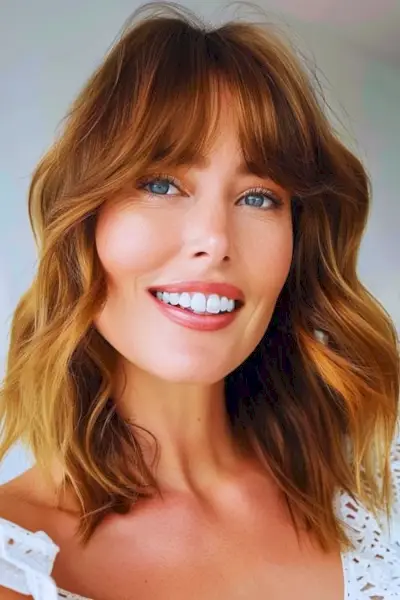 うっすらとしたフリンジが付いたミッドレングスのウェーブ、40歳以上の女性向けのミディアムレングスのヘアスタイル。