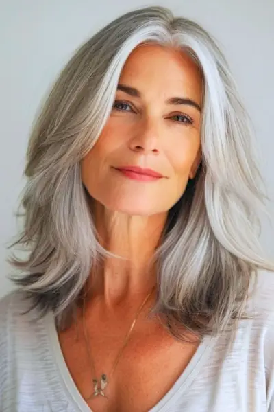40代以上の女性のためのレイヤードシルバーロブミディアムヘアスタイル。