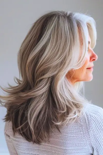 40歳以上の女性のためのソルトアンドペッパーレイヤーのミディアムレングスのヘアスタイル。