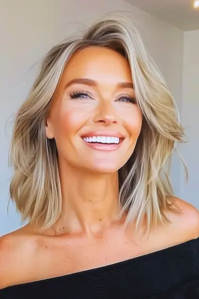 40歳以上の女性のための鈍い鎖骨の長さのウェーブミディアムレングスのヘアスタイル。