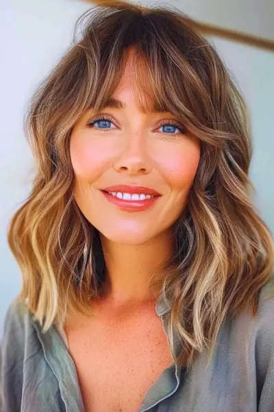 40代以上の女性向けのシャギーウェーブミディアムヘアスタイル。