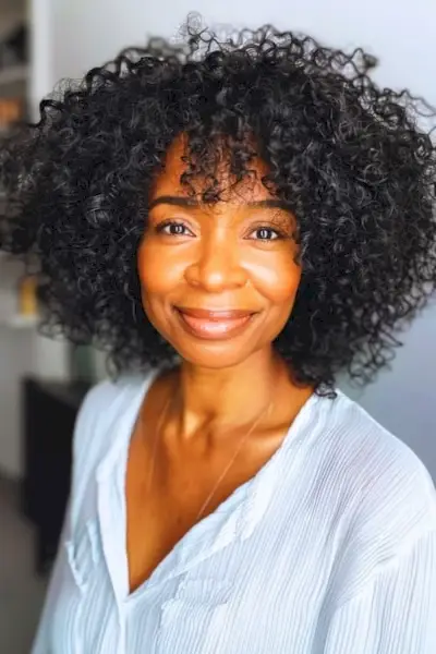 40歳以上の女性向けのフリンジ付きナチュラルカールのミディアムヘアスタイル。