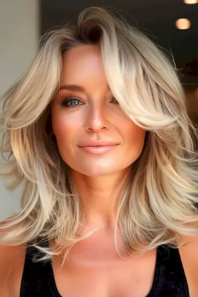 40歳以上の女性のための、カーテン前髪のあるピース状のレイヤーのミディアムレングスのヘアスタイル。