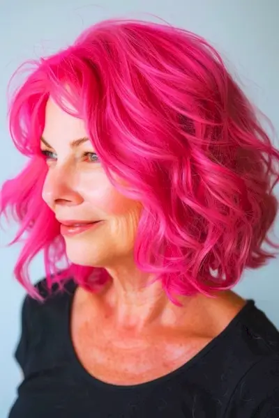 鮮やかなピンクの肩までの長さのウェーブのある40代以上の女性のためのミディアムレングスのヘアスタイル。
