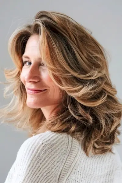 40歳以上の女性のためのボリュームのあるフェザーレイヤーのミディアムヘアスタイル。