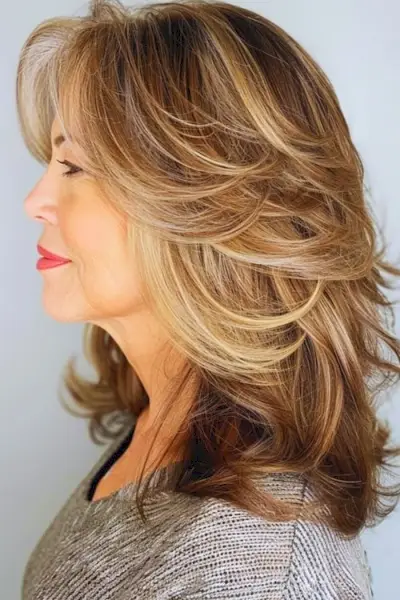 40歳以上の女性のためのフェザーレイヤーのミディアムヘアスタイル。