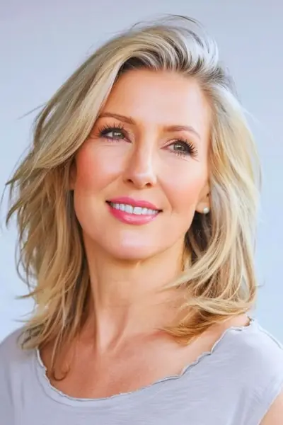 40代以上の女性のための、サイドパートのミディアムレングスの金髪レイヤーのヘアスタイルです。