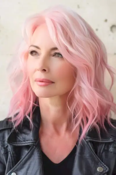 40代以上の女性向けのプラチナパステルピンクウェーブのミディアムヘアスタイル。