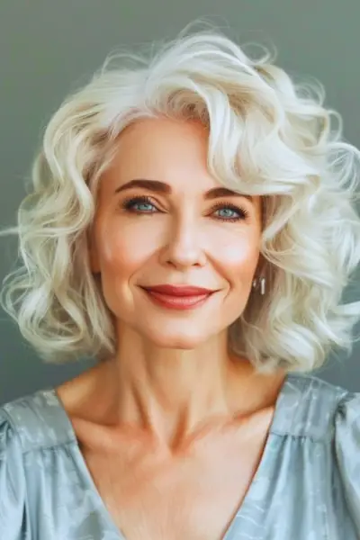 40歳以上の女性のためのレイヤードプラチナウェーブミディアムヘアスタイル。