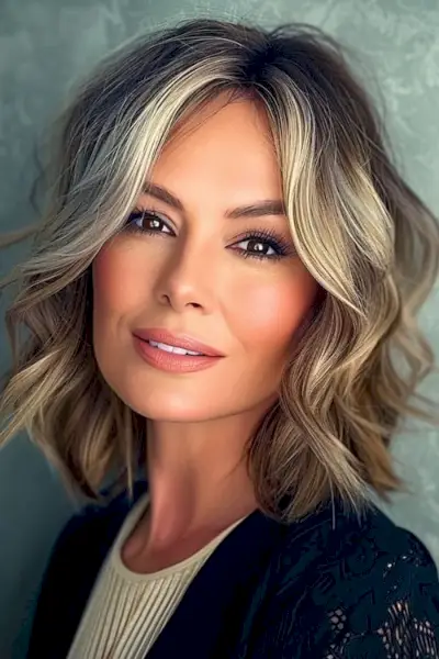 ウェーブのかかったバレイヤージュは、40 歳以上の女性のための中程度の長さのヘアスタイルを強調します。