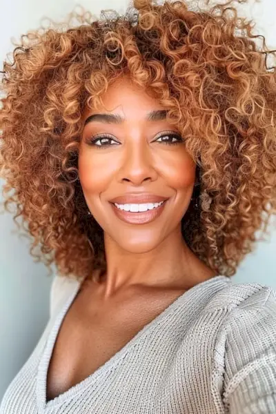 40歳以上の女性のためのコッパーカールのミディアムレングスのヘアスタイル。