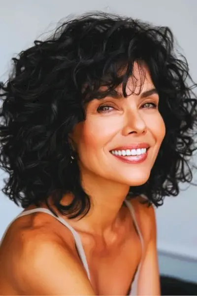 40歳以上の女性のための前髪のある肩の長さのカールのミディアムレングスのヘアスタイル。