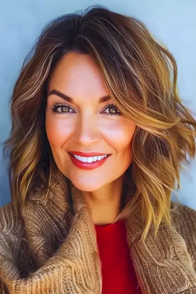 40代以上の女性のためのレイヤードハイライトミディアムヘアスタイル。