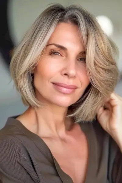 Bob corto con capas que enmarcan el rostro, peinado corto para mujeres mayores de 50 años con cabello fino.