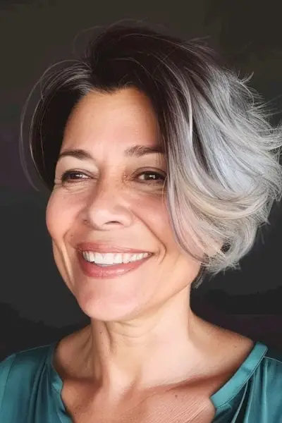 Peinado corto ombre bob en capas para mujeres mayores de 50 años con cabello fino.