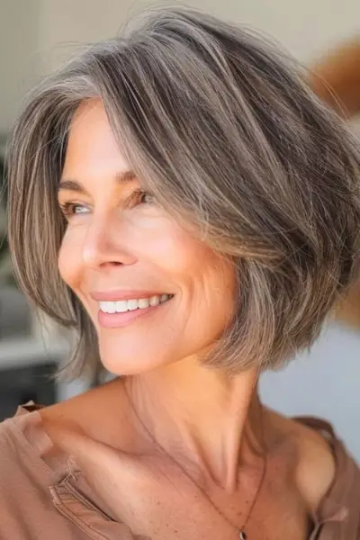 Peinado corto con textura hasta la barbilla para mujeres mayores de 50 años con cabello fino.