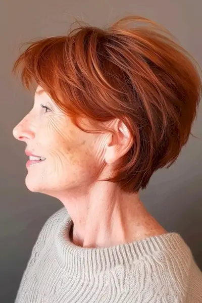 Peinado largo y corto de duendecillo para mujeres mayores de 50 años con cabello fino.