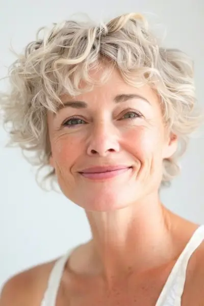 Peinado corto de duendecillo rizado para mujeres mayores de 50 años con cabello fino.