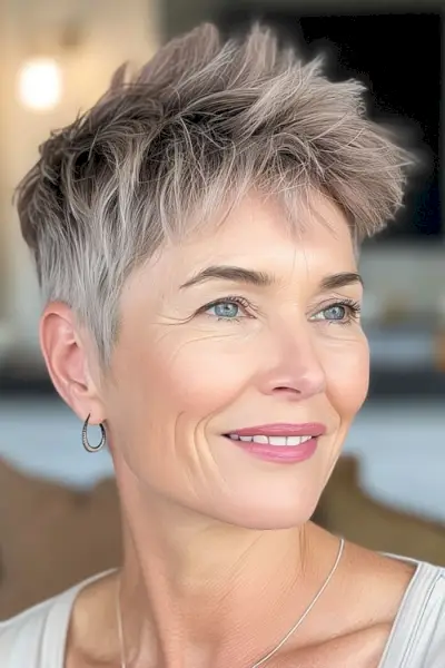 Peinado corto de duendecillo puntiagudo para mujeres mayores de 50 años con cabello fino.