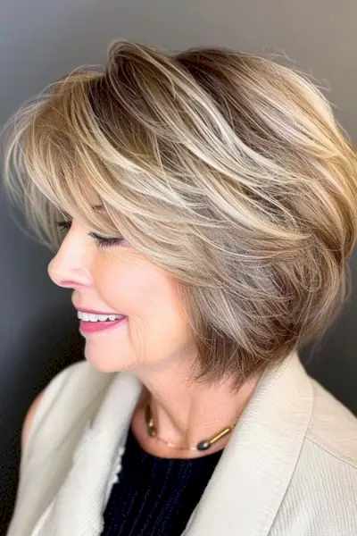 Bob en capas con flequillo, peinados cortos para mujeres mayores de 50 años con cabello fino.