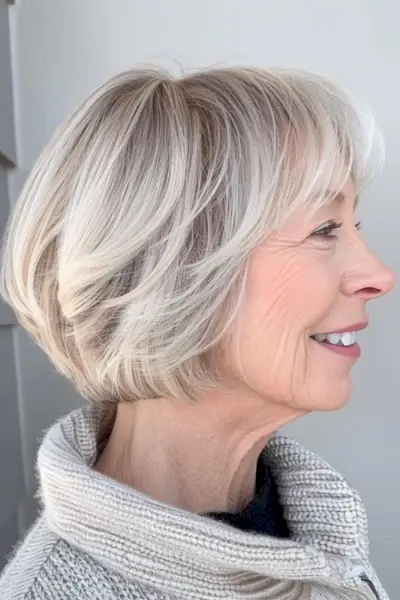 Bob con capas de plumas peinado corto para mujeres mayores de 50 años con cabello fino.