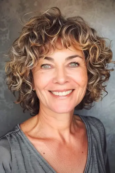 Peinado corto con rizos cortos para mujeres mayores de 50 años con cabello fino.