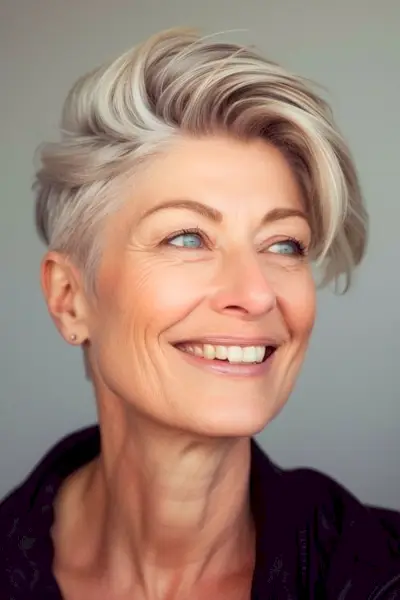 Peinado corto copete plateado para mujeres mayores de 50 años con cabello fino.