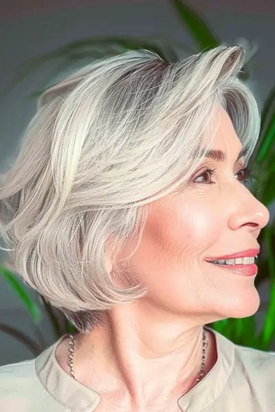 Peinado corto con corte de plumas hasta la mandíbula para mujeres mayores de 50 años con cabello fino.