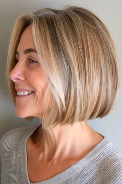 Peinado corto bob recto para mujeres mayores de 50 años con cabello fino.