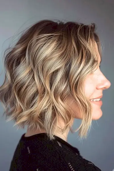 Peinado corto bob ondulado para mujeres mayores de 50 años con cabello fino.