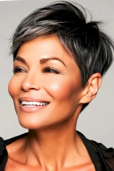 Pixie con flequillo lateral, peinado corto para mujeres mayores de 50 años con cabello fino.