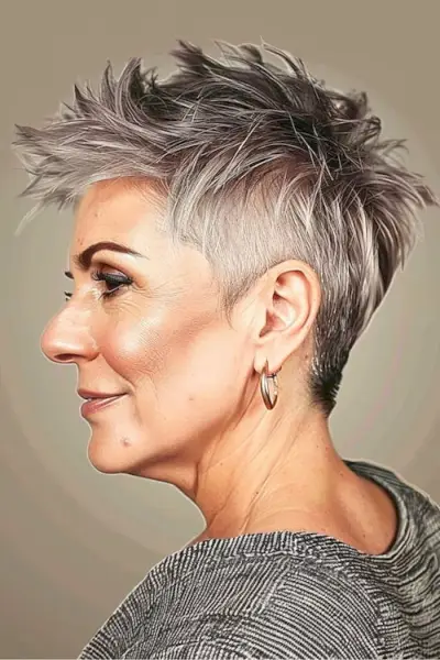 Corte de duendecillo afeitado con peinado corto recortado para mujeres mayores de 50 años con cabello fino.