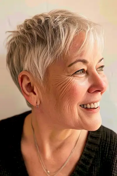 Duendecillo texturizado con flequillo tenue, peinado corto para mujeres mayores de 50 años con cabello fino.