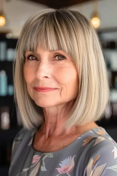 Glatter, hervorgehobener Bob mit Pony-Frisur für Frauen über 60.