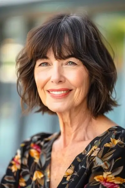 Welliger Bob mit Pony-Frisur für Frauen über 60.