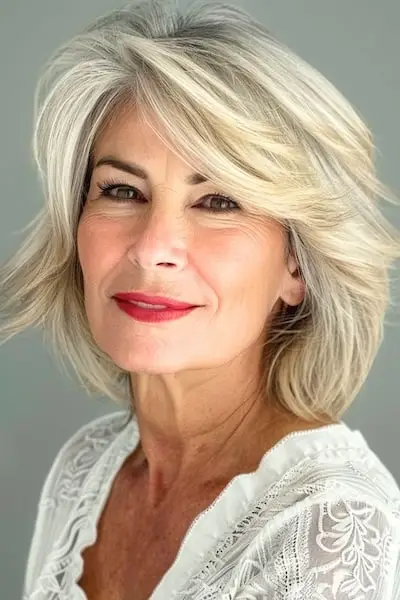 Stufenbob mit geschwungenem Seitenscheitel für Frauen über 60.