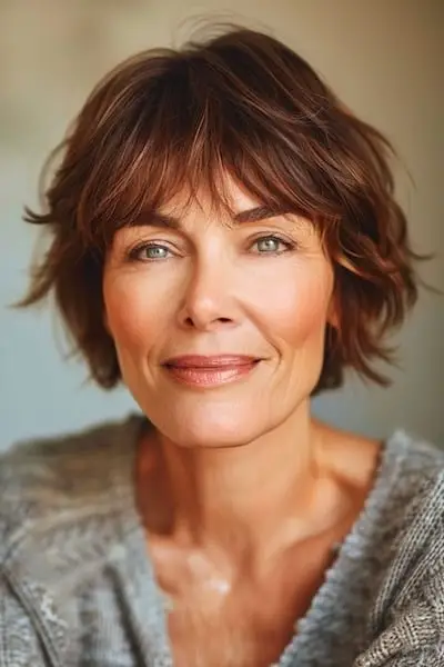 Brünette Bixie-Frisur mit Pony für Frauen über 60.