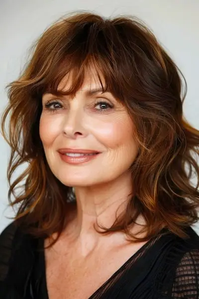 Welliger Shag mit Pony-Frisur für Frauen über 60.