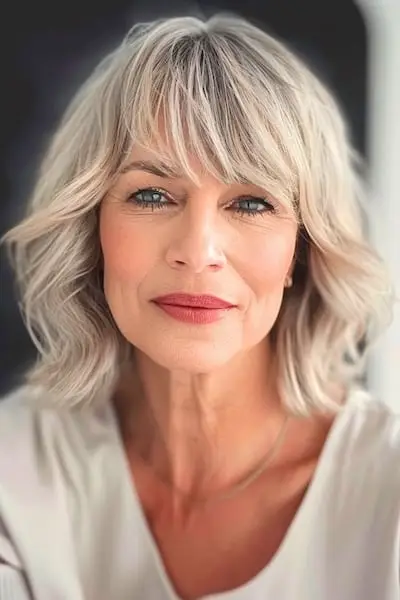 Welliger, dünner Bob mit Pony-Frisur für Frauen über 60.