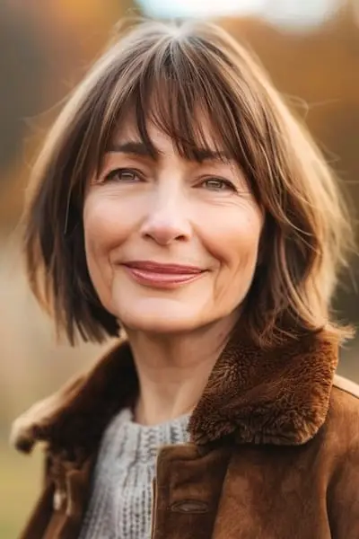 Kinnlanger Bob mit Pony-Frisur für Frauen über 60.